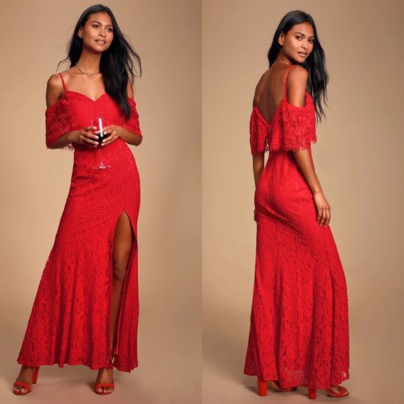Lulus Caterina Red Lace Off-the-Shoulder Maxi Dress - Picture 1 of 10